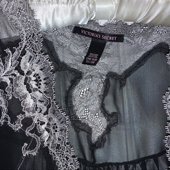 One Size Victoria's Secret Lace Trim Robe White Black Sheer Rare - Picture 8 of 12